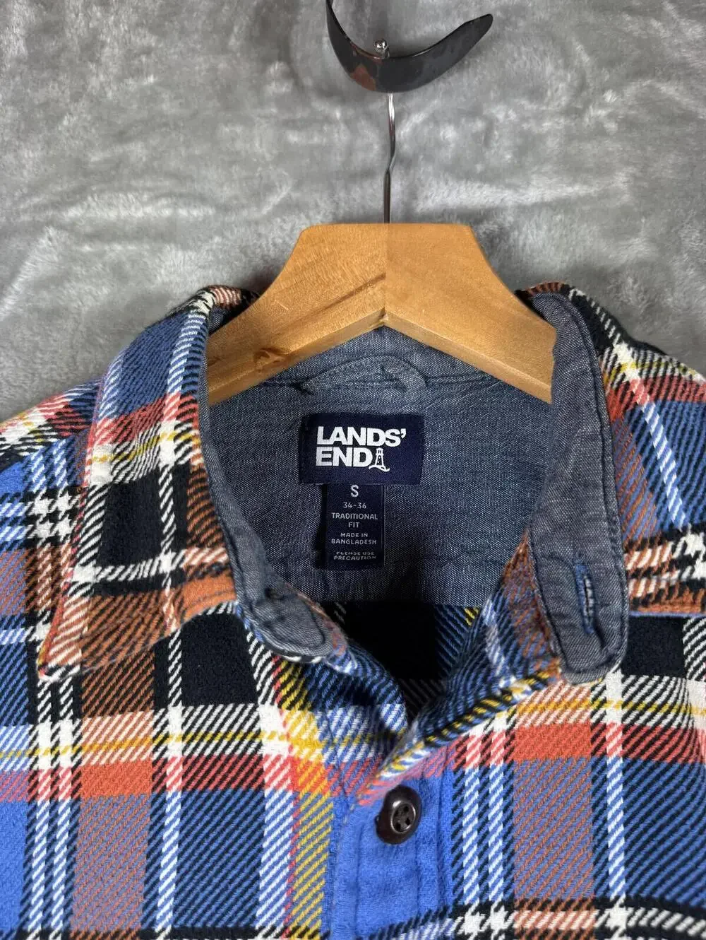 Lands'‎ End Women's Blue and Orange Plaid Flannel Shirt Size S